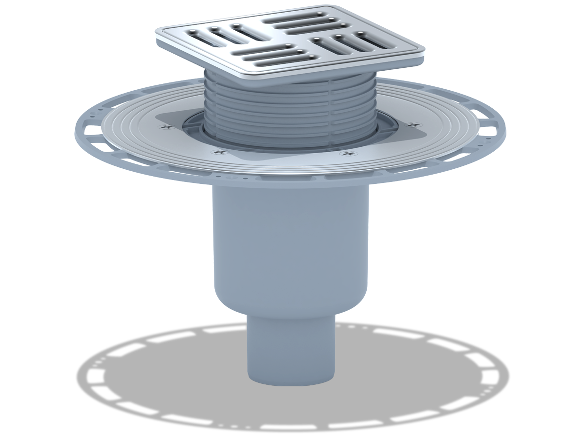 Трап для душа АНИ Пласт THQ5714M DN50 вертикальный регулируемый с сухим затвором, решёткой и обрешёткой из нержавеющей стали 120х120 мм