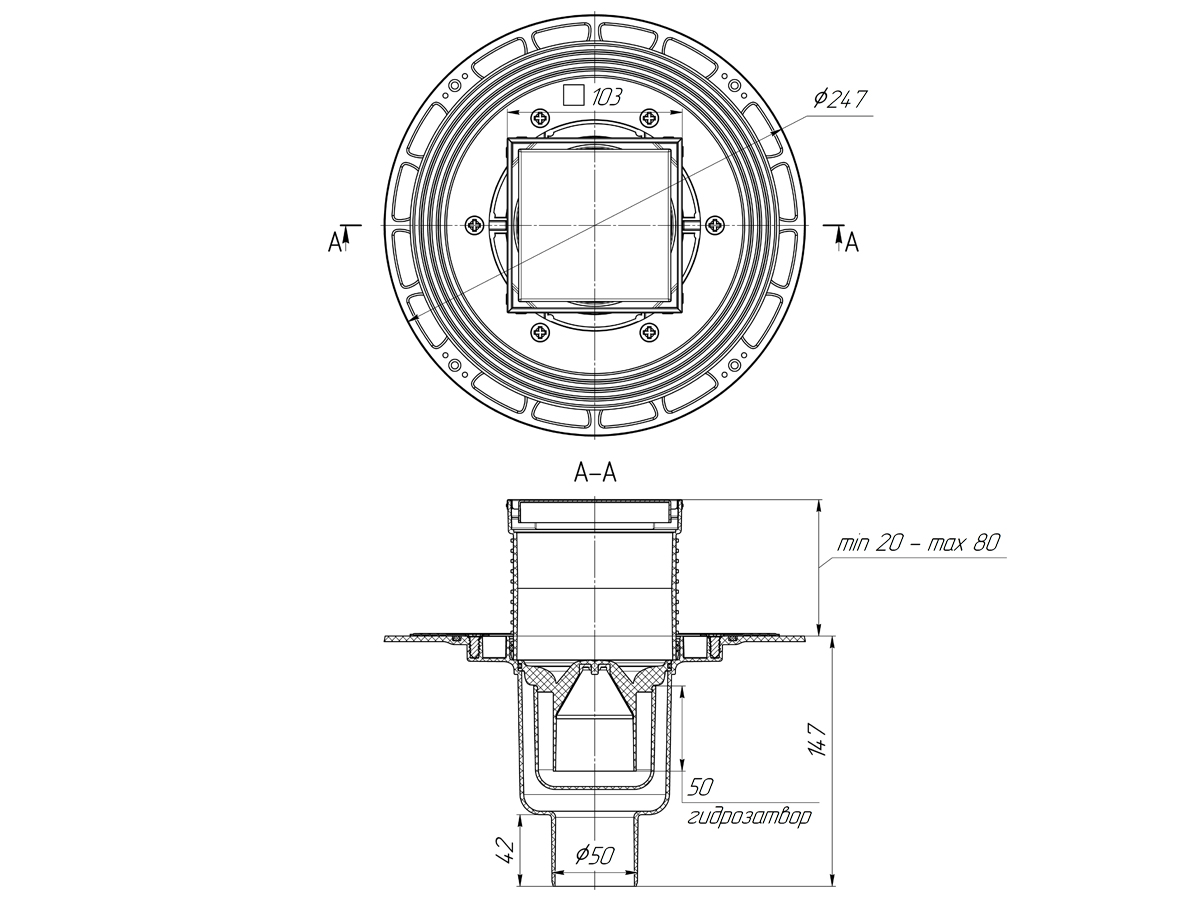 Трап для душа АНИ Пласт THZ5902 DN50 вертикальный регулируемый с комбинированным затвором и решёткой из нержавеющей стали 100х100 мм под плитку