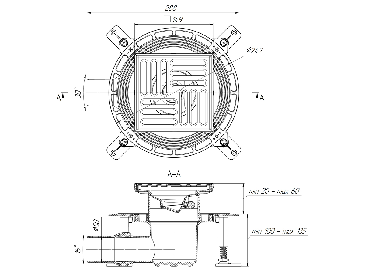 Трап для душа АНИ Пласт THQ5612 DN50 горизонтальный регулируемый с сухим затвором и решёткой из нержавеющей стали 150х150 мм