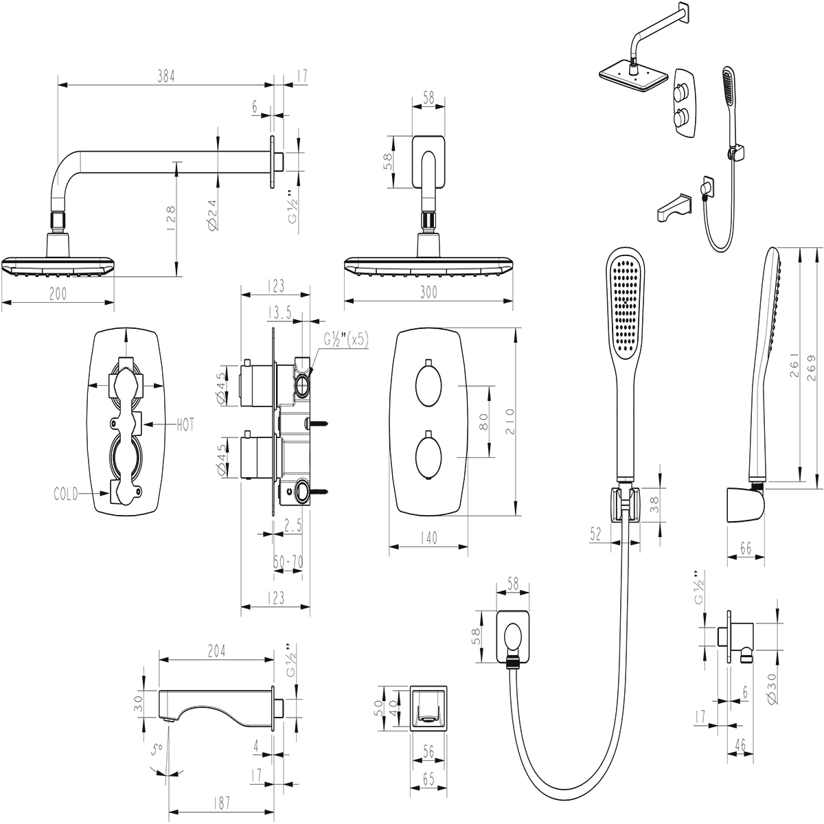 Ursus Смеситель термостатический для ванны и душа, встраиваемый, с доп. 1-ф. лейкой, черный, LM7242B