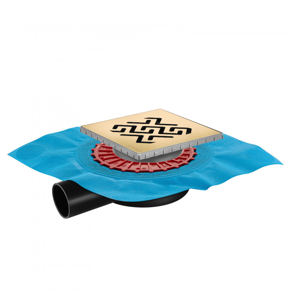 Трап водосток ZENTRUM Antik 150х150, золото глянец, выпуск D50 H65 боковой, BERGES