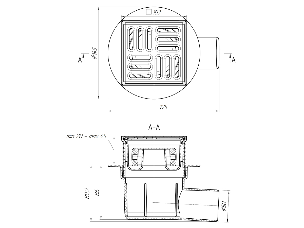 Трап для душа АНИ Пласт TQ5602 DN50 горизонтальный регулируемый с сухим затвором и решёткой из нержавеющей стали 100х100 мм