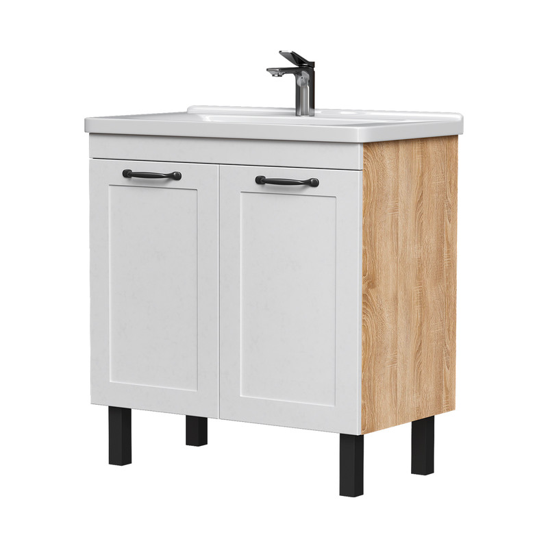 Тумба EQUIL Lago 80 напольная 2 дв. белый/дерево (под раковину Миранда 80)