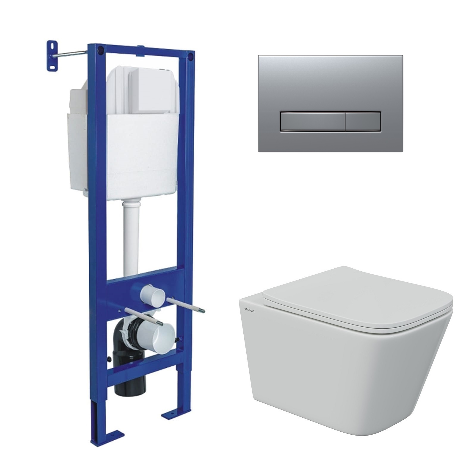 Комплект: инсталляция АТОМ Line кнопка матовый хром, унитаз FLOE S Rimless 51 см, сидение дюропласт 