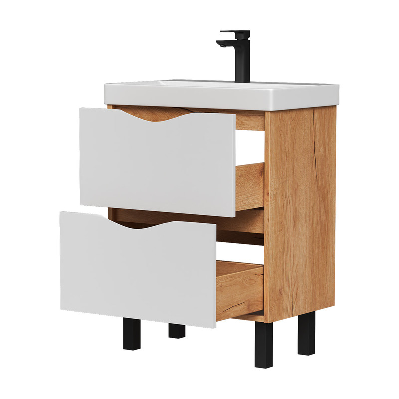 Тумба Barney 60, напольная, 2 ящ., белый/дуб гузон (под раковину 9696-60), VOLNA
