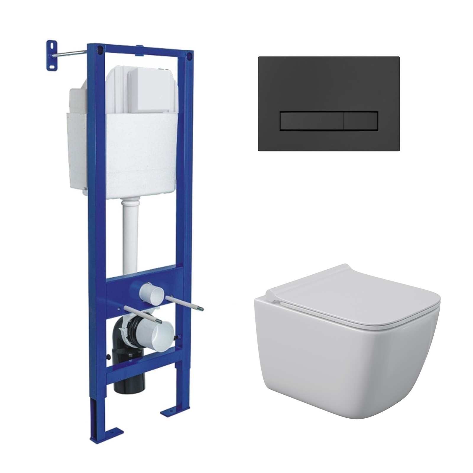 Комплект: инсталляция АТОМ Line кнопка черная SoftTouch, унитаз QUATTRO S Rimless 49 см, сидение дюр