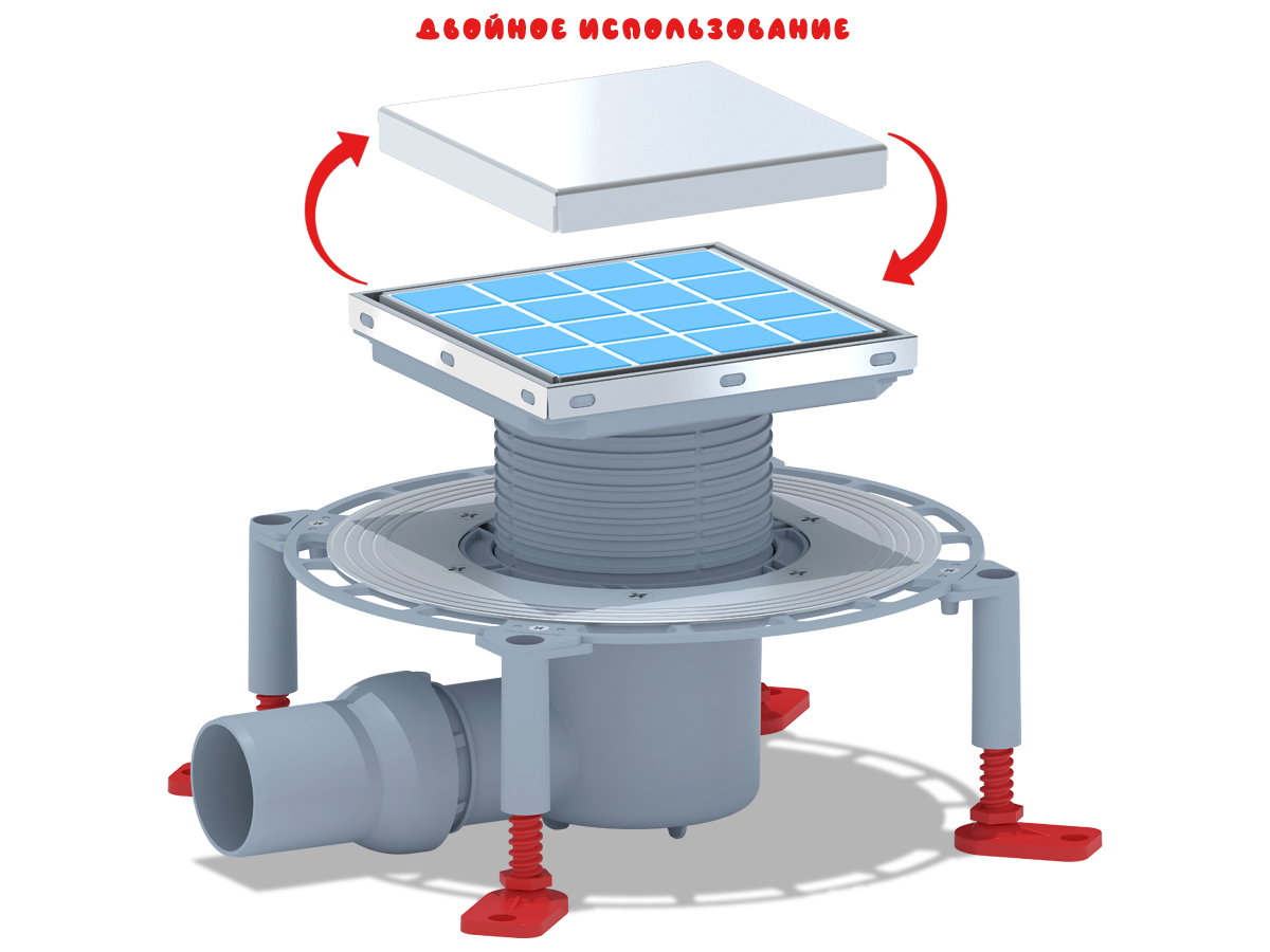 Трап горизонтальный регулируемый АНИ Пласт THA5812 выпуск 50 мм с решеткой из нержавеющей стали 150х150 мм под плитку