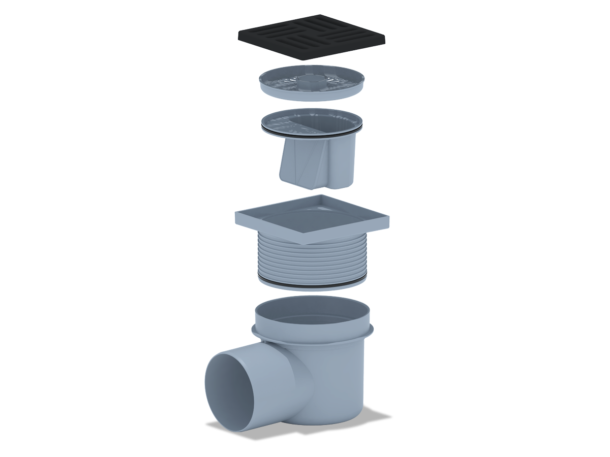 Трап для душа АНИ Пласт TQ1616 DN110 горизонтальный регулируемый с сухим затвором и решёткой из чугуна 150х150 мм