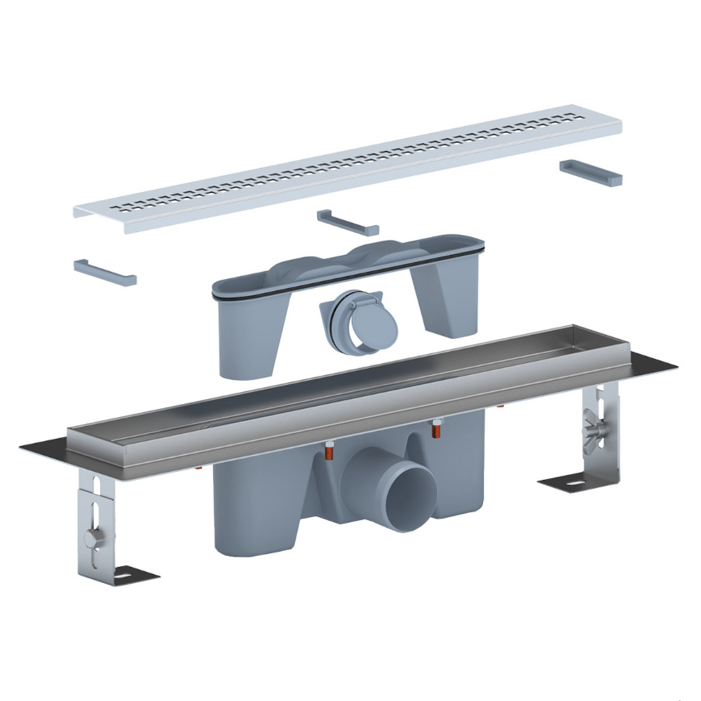 Трап линейный из нержавеющей стали АНИ Пласт TLZ2245M DN50 с комбинированным затвором матовой решёткой Риф 450х65 мм