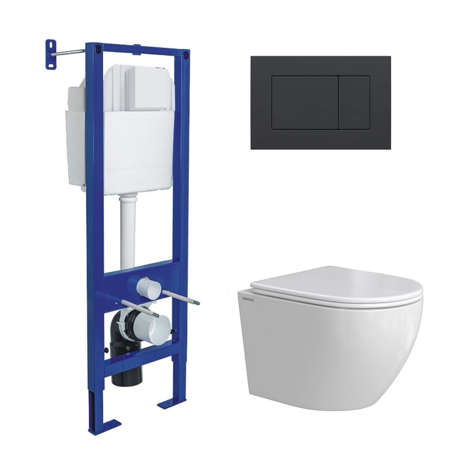 Комплект: инсталляция АТОМ кнопка черная Soft Touch, унитаз OKUS Rimless 49 см, сиденье дюропласт ми