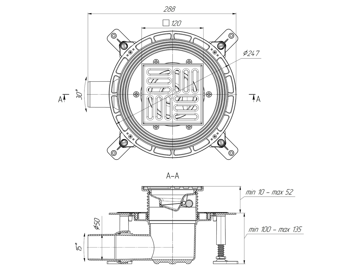 Трап для душа АНИ Пласт THQ5614 DN50 горизонтальный регулируемый с сухим затвором и решёткой из нержавеющей стали 120х120 мм
