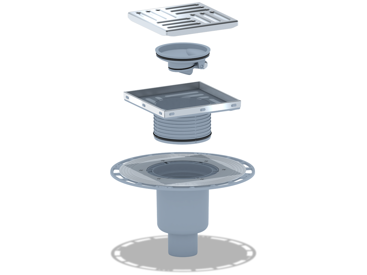 Трап для душа АНИ Пласт THQ5712 DN50 вертикальный регулируемый с сухим затвором и решёткой из нержавеющей стали 150х150 мм