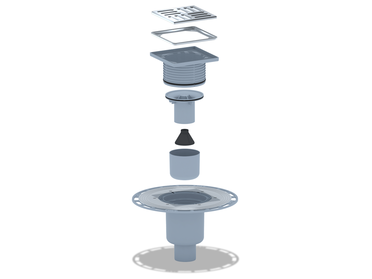 Трап для душа АНИ Пласт THZ5714M DN50 высокий вертикальный регулируемый с комбинированным затвором, с решёткой и обрешеткой из нержавеющей стали 120х120 мм