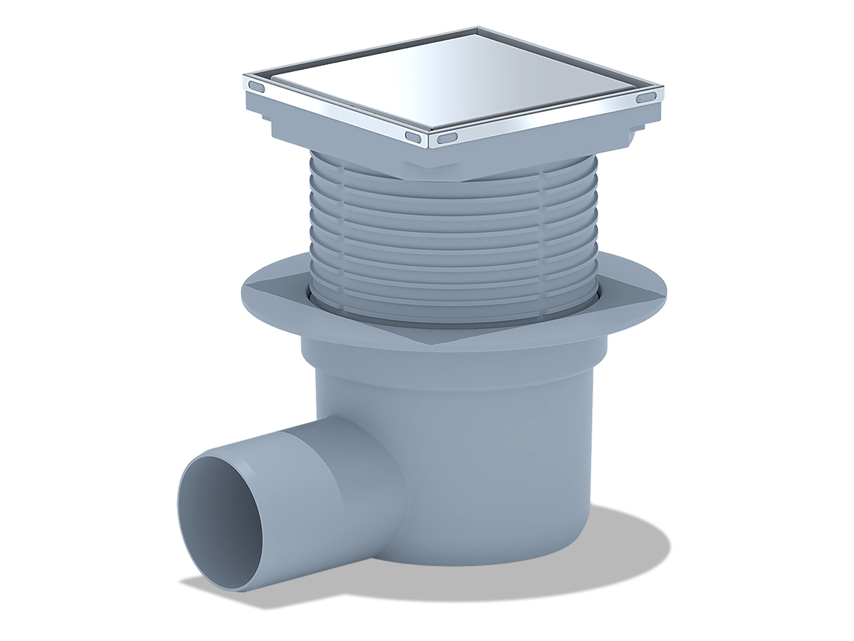 Трап горизонтальный регулируемый АНИ Пласт TA5812 выпуск 50 мм с решеткой из нержавеющей стали 150х150 мм под плитку