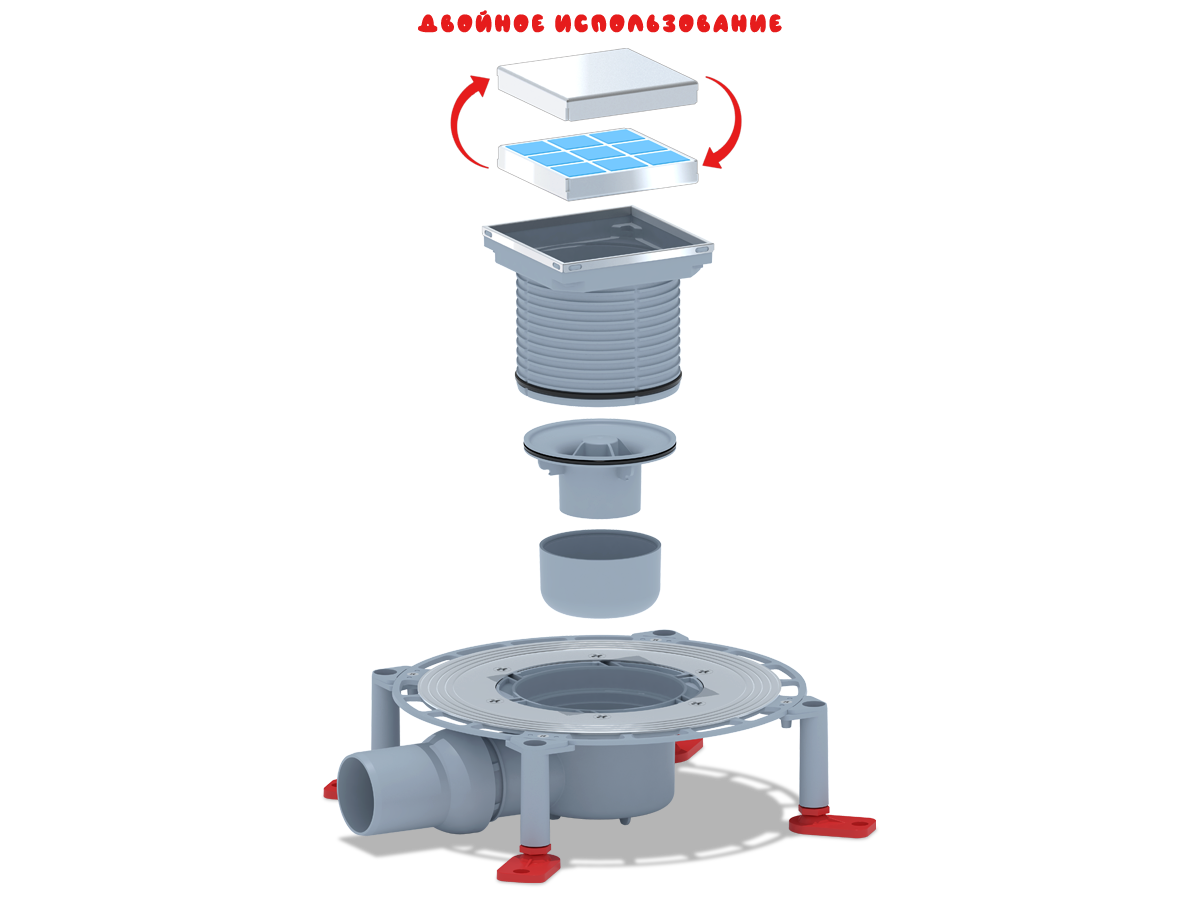 Трап горизонтальный регулируемый АНИ Пласт TVA5802 выпуск 50 мм с решеткой из нержавеющей стали 100х100 мм под плитку