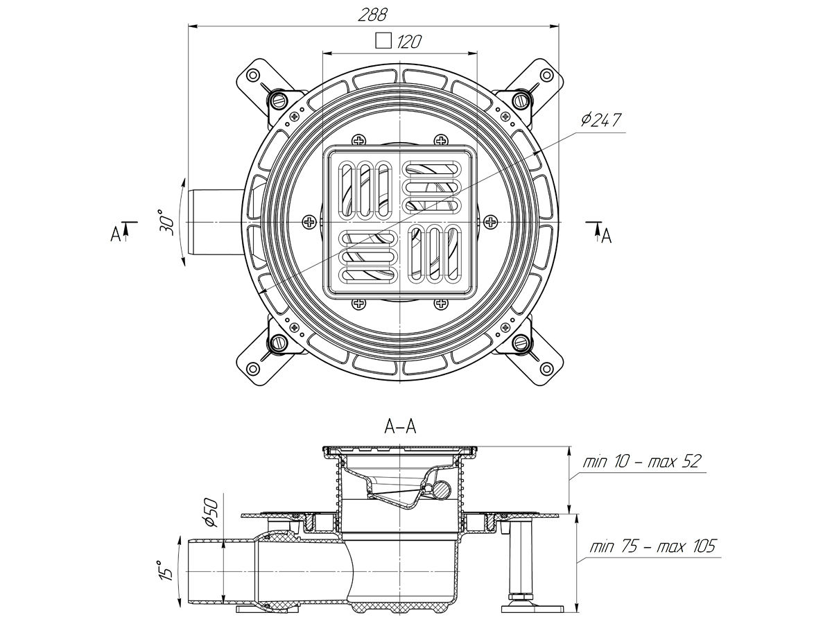 Трап для душа АНИ Пласт TVQ5614M DN50 горизонтальный регулируемый с сухим затвором, решёткой и обрешеткой из нержавеющей стали 120х120 мм