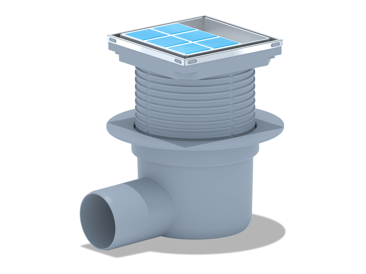 Трап горизонтальный регулируемый АНИ Пласт TA5812 выпуск 50 мм с решеткой из нержавеющей стали 150х150 мм под плитку