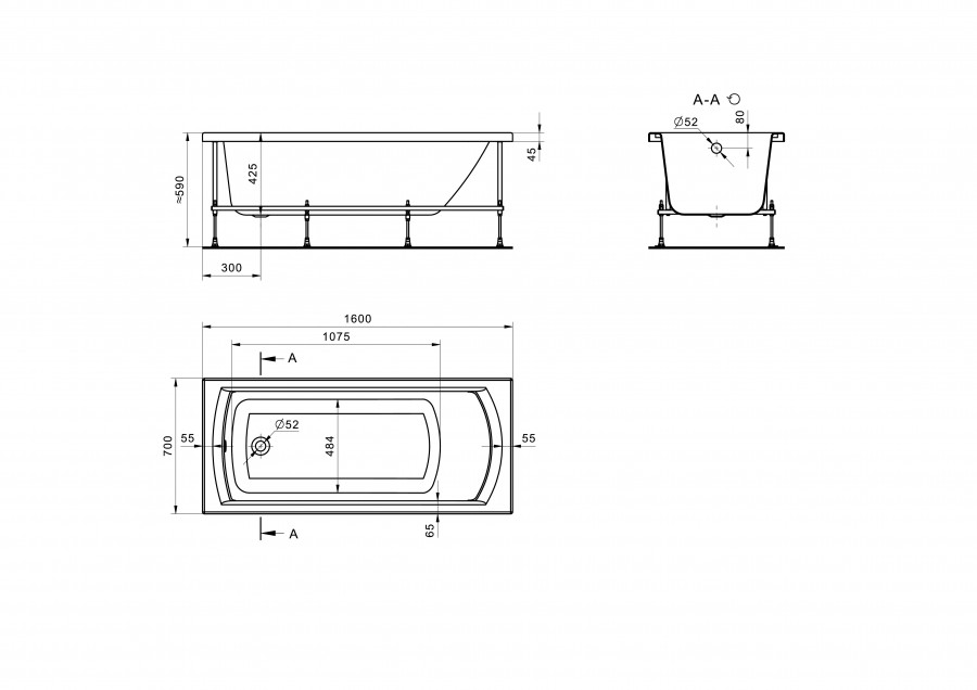 МОНАКО Ванна акриловая 160х70 см., без монтажного комплекта, САНТЕК