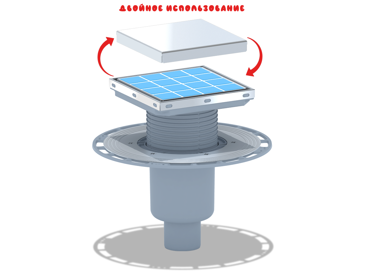 Трап для душа АНИ Пласт THZ5912 DN50 вертикальный регулируемый с комбинированным затвором и решёткой из нержавеющей стали 150х150 мм под плитку