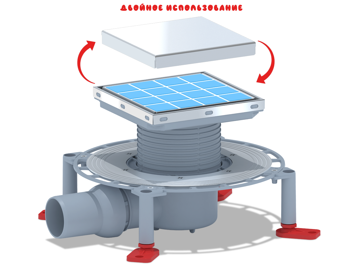 Трап для душа АНИ Пласт TVQ5812 DN50 горизонтальный регулируемый с сухим затвором и с решёткой из нержавеющей стали 150х150 мм под плитку
