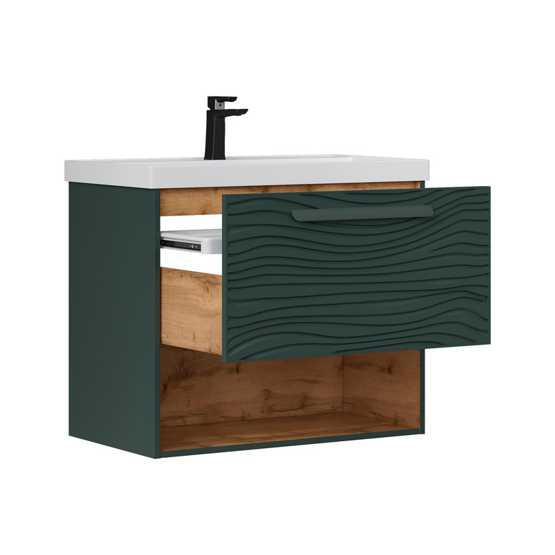 Тумба под раковину EQUIL Gleam 80, подвесная, 1 ящ., зеленый камень/дуб вотан (под раковину 78857-80) (tpGLEAM80.1Y.N-34)