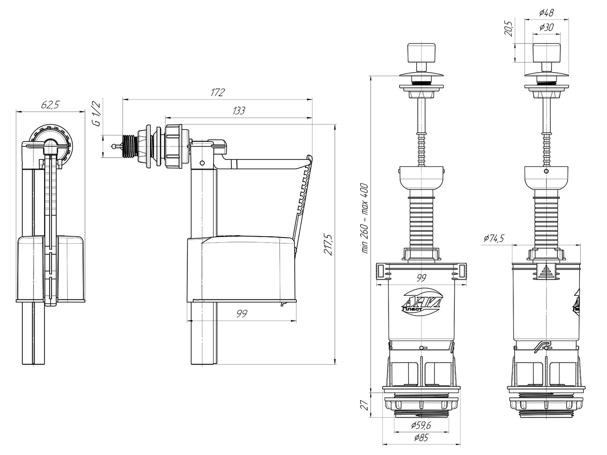 Набор с боковой подводкой АНИ Пласт WC4050M 1/2 дюйма с пластиковым штуцером эконом шток металлизированный