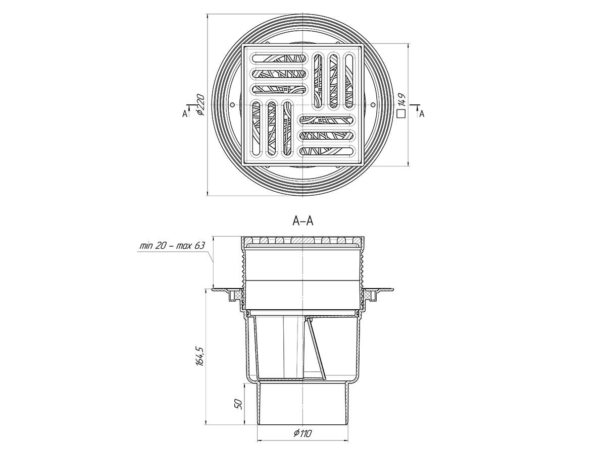 Трап для душа АНИ Пласт TQ1716 DN110 вертикальный регулируемый с сухим затвором и решёткой из чугуна 150х150 мм