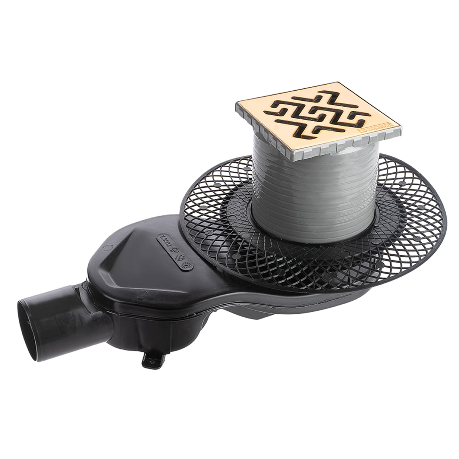 Трап водосток PLATZ Antik 100х100, золото глянец, S-сифон D50 H60 боковой, BERGES