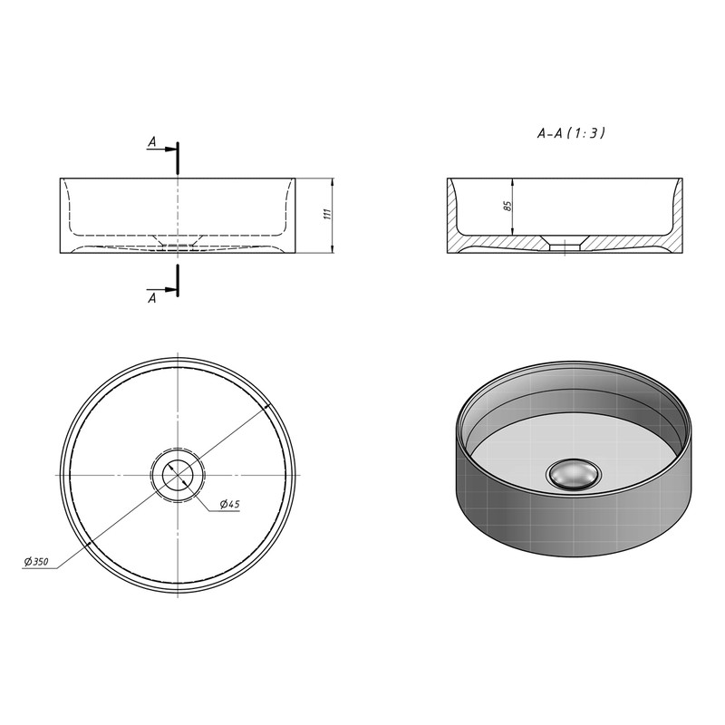 Раковина накладная EQUIL 110А, темно-серая (110AМDH EQUIL)