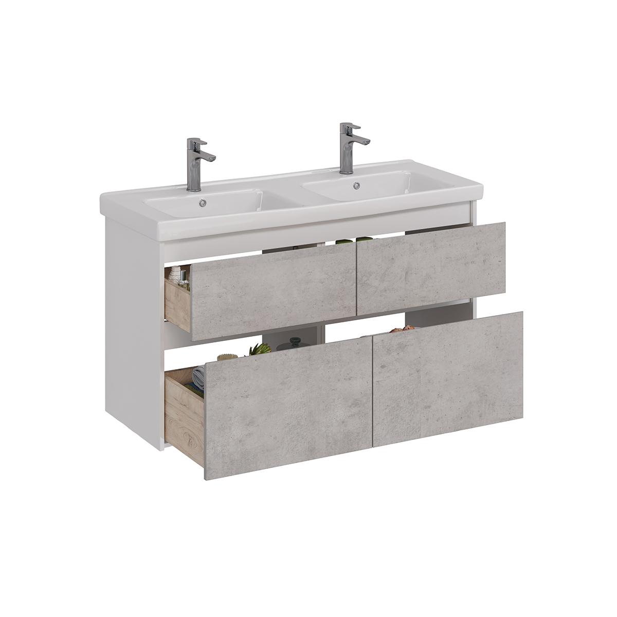 Тумба Lemark COMBI 125 см под 2 раковины, подвесная/напольная,4 ящика, цвет фасада: Бетон, цвет корп