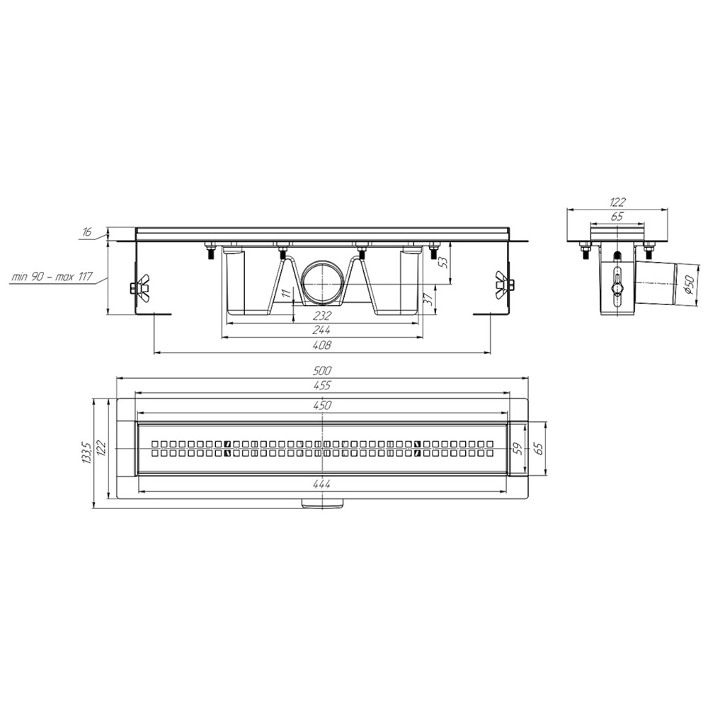 Трап линейный из нержавеющей стали АНИ Пласт TLZ2245M DN50 с комбинированным затвором матовой решёткой Риф 450х65 мм