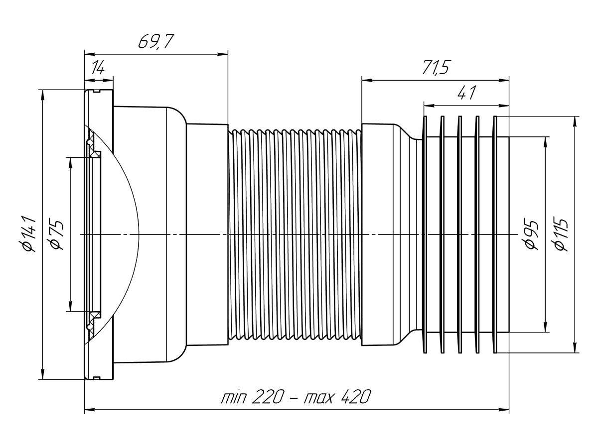 Удлинитель гибкий для унитаза АНИ Пласт K918 с металлической спиралью выпуск 110 мм 220-420 мм