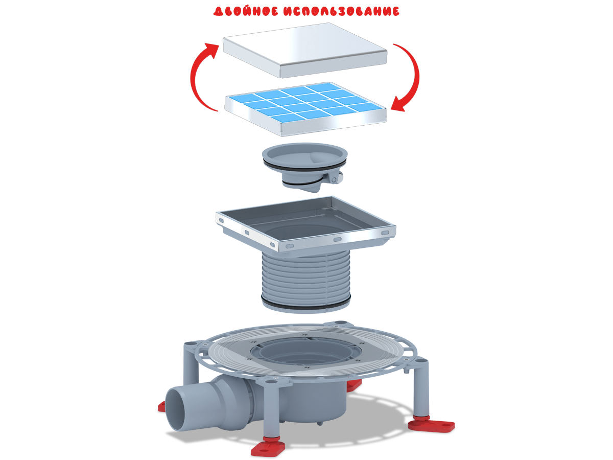 Трап для душа АНИ Пласт TVQ5812 DN50 горизонтальный регулируемый с сухим затвором и с решёткой из нержавеющей стали 150х150 мм под плитку