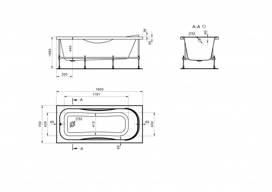 ТЕНЕРИФЕ Ванна акриловая 160х70 см., без монтажного комплекта, САНТЕК