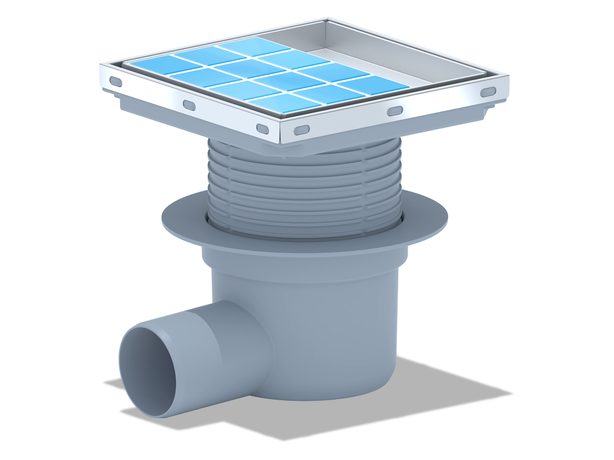 Трап для душа АНИ Пласт TQ5812 DN50 горизонтальный регулируемый с сухим затвором и решёткой из нержавеющей стали 150х150 мм под плитку