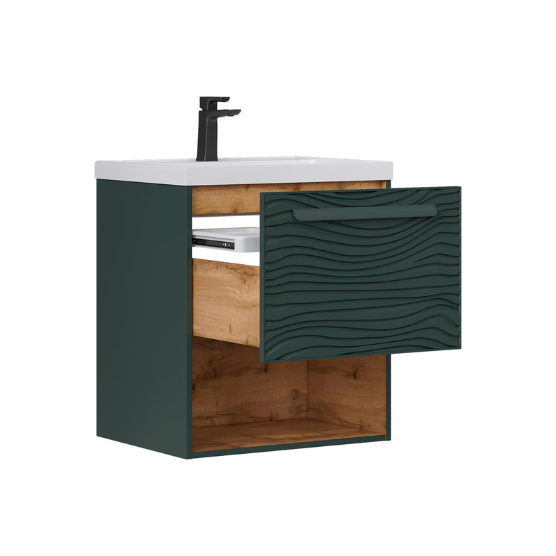 Тумба под раковину EQUIL Gleam 60, подвесная, 1 ящ., зеленый камень/дуб вотан (под раковину 78857-60) (tpGLEAM60.1Y.N-34)