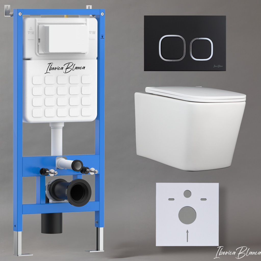 Комплект 3в1 IBERICA BLANCA инсталляция SILENCIO, унитаз TOLEDO ALTO белый, кнопка смыва ESTI-Q черный матовый (IB001.TLA.234.832)