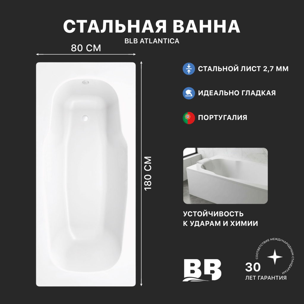 Ванна стальная BLB ATLANTICA B80A 1800х800 мм (B80A22001)