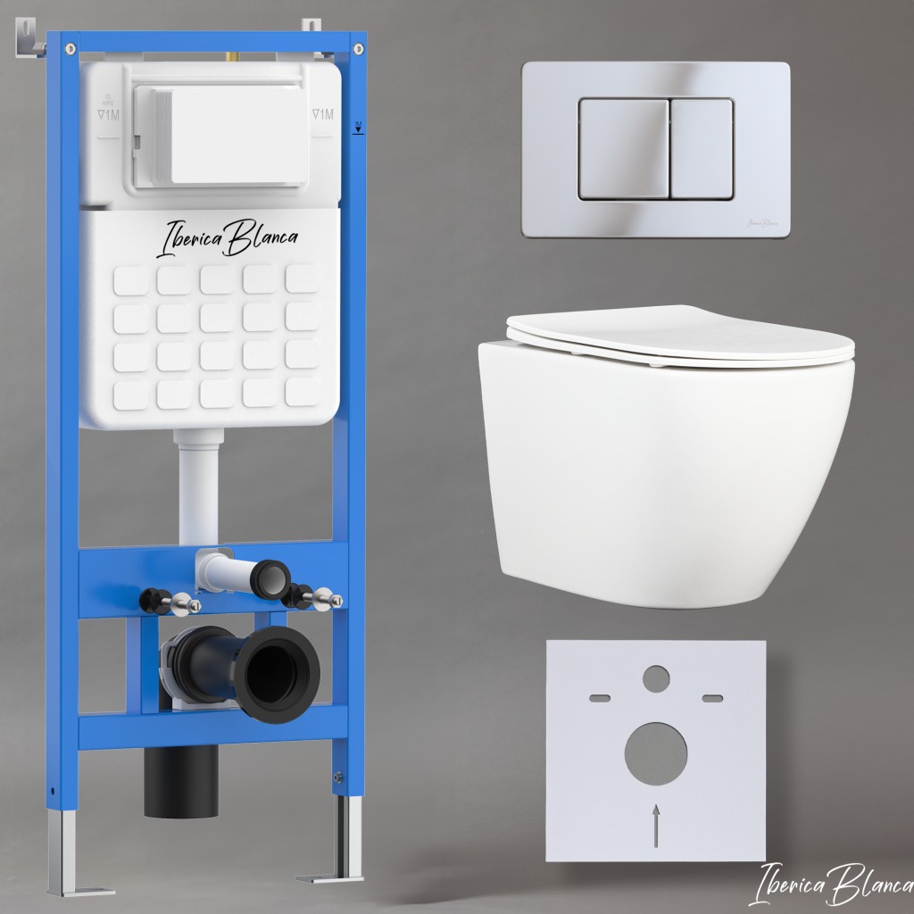 Комплект 3в1 IBERICA BLANCA инсталляция SILENCIO, унитаз BILBAO ALTO белый, кнопка смыва INOX-C хром глянцевый (IB001.BLA.234.1131)