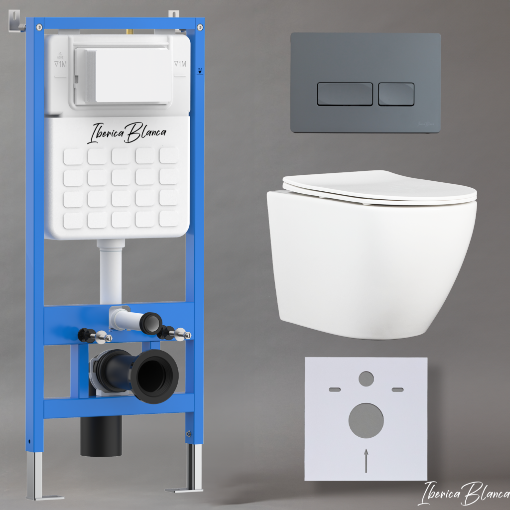 Комплект 3в1 IBERICA BLANCA инсталляция SILENCIO, унитаз BILBAO ALTO белый, кнопка смыва ESTI-R серый матовый (IB001.BLA.234.218)