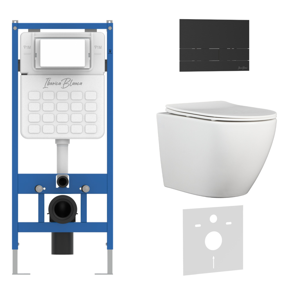 Комплект 3в1 IBERICA BLANCA инсталляция SILENCIO, унитаз BILBAO ALTO белый, кнопка смыва INOX-S черный матовый (IB001.BLA.234.1604)