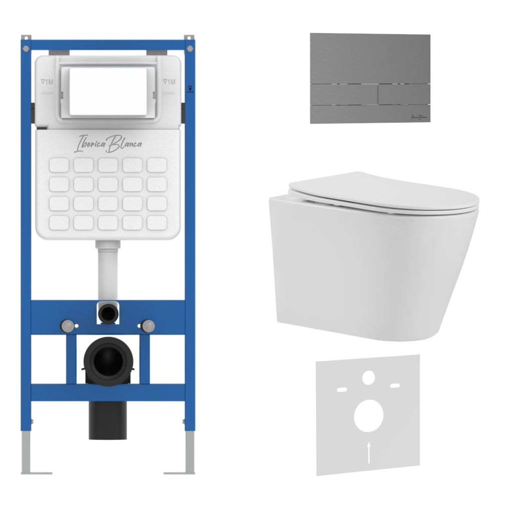 Комплект 3в1 IBERICA BLANCA инсталляция SILENCIO, унитаз BURGOS ALTO белый, кнопка смыва INOX-S вороненая сталь (IB001.BRA.234.1602)