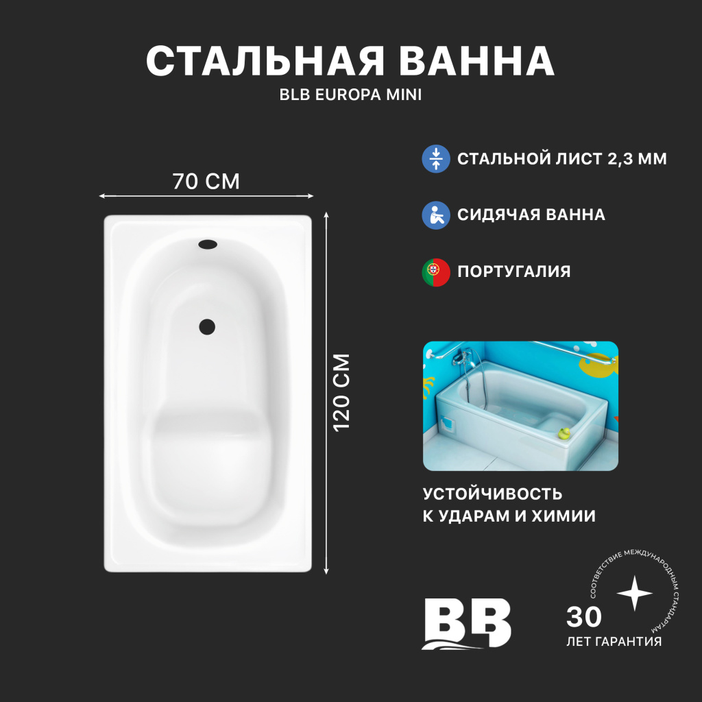 Ванна стальная BLB EUROPA MINI B2SE сидячая 1200х700 мм (B2SE22001)