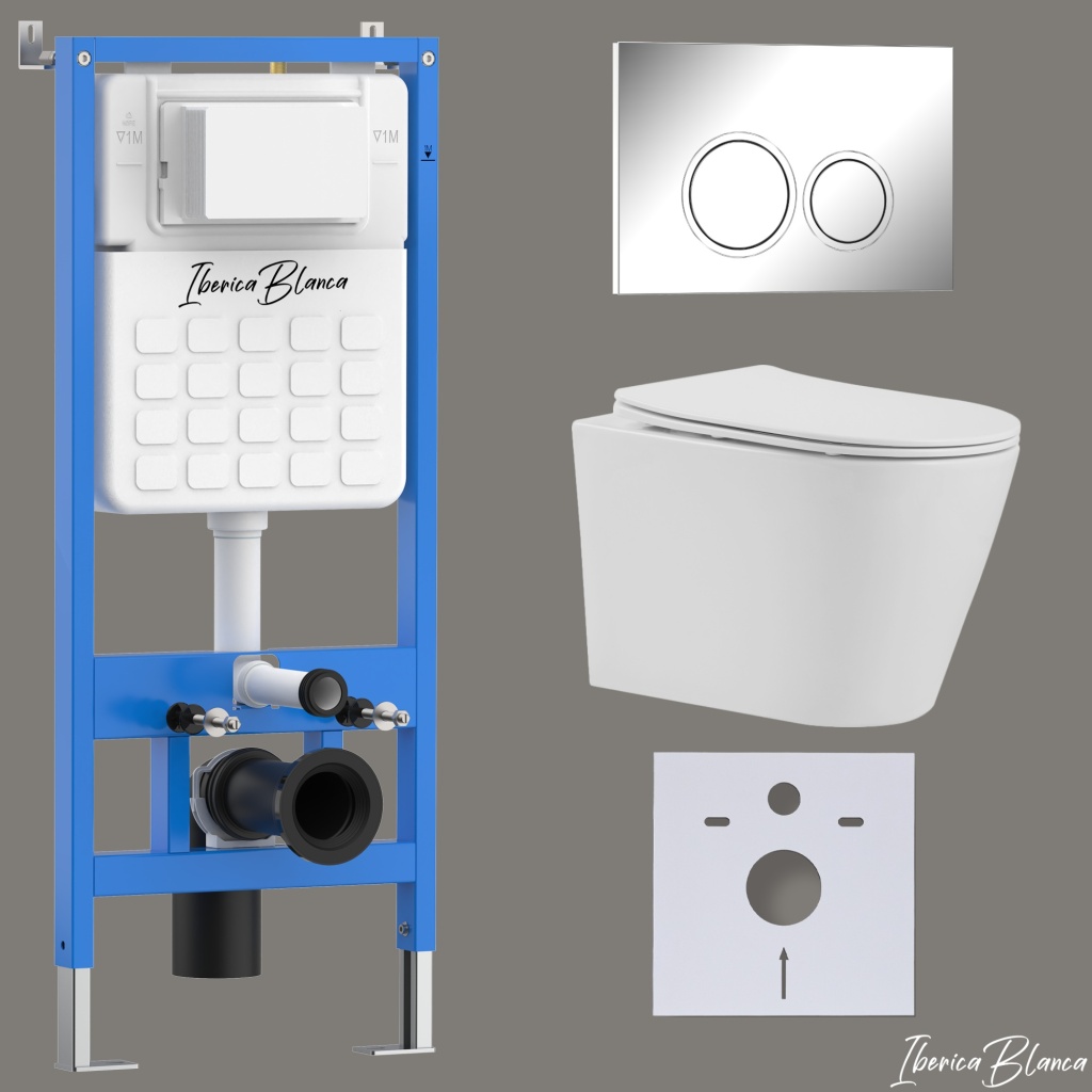 Комплект 3в1 IBERICA BLANCA инсталляция SILENCIO, унитаз BURGOS ALTO белый, кнопка смыва ESTI-O хром глянцевый (IB001.BRA.234.823)