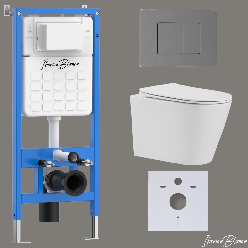 Комплект 3в1 IBERICA BLANCA инсталляция SILENCIO, унитаз BURGOS ALTO белый, кнопка смыва INOX-C вороненая сталь (IB001.BRA.234.1180)
