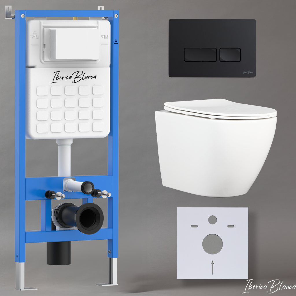 Комплект 3в1 IBERICA BLANCA инсталляция SILENCIO, унитаз BILBAO ALTO белый, кнопка смыва ESTI-R черный матовый (IB001.BLA.234.212)