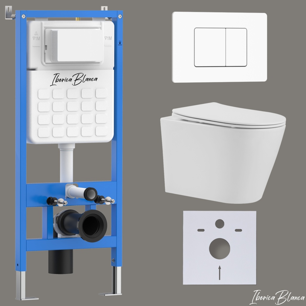 Комплект 3в1 IBERICA BLANCA инсталляция SILENCIO, унитаз BURGOS ALTO белый, кнопка смыва INOX-C белый матовый (IB001.BRA.234.111)