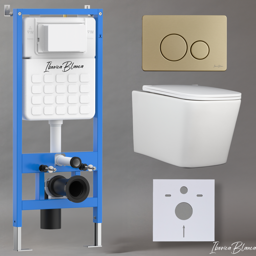 Комплект 3в1 IBERICA BLANCA инсталляция SILENCIO, унитаз TOLEDO ALTO белый, кнопка смыва INOX-O золото матовое (IB001.TLA.234.815)