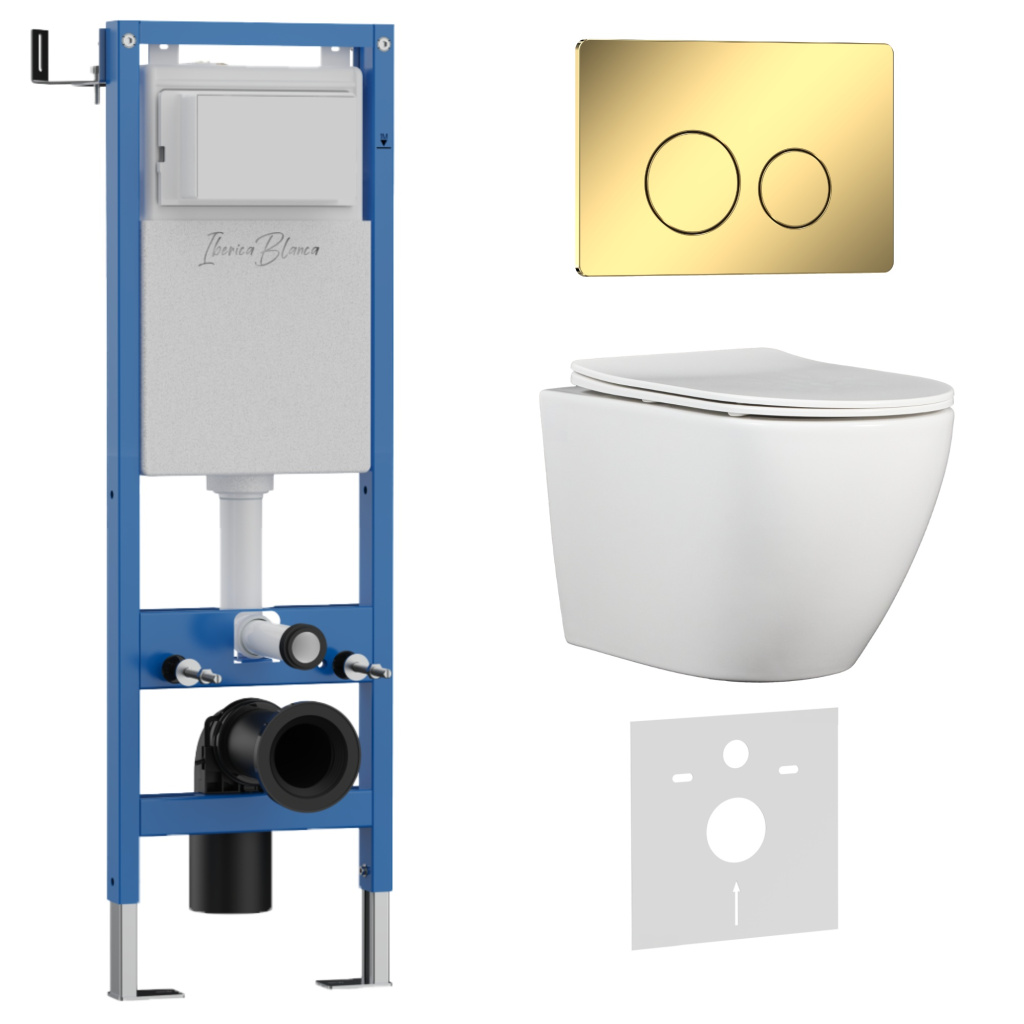 Комплект 3в1 IBERICA BLANCA инсталляция SILENCIO MINI, унитаз BILBAO ALTO белый, кнопка смыва INOX-O золото глянцевое (IB.001M.BLA.234.816)