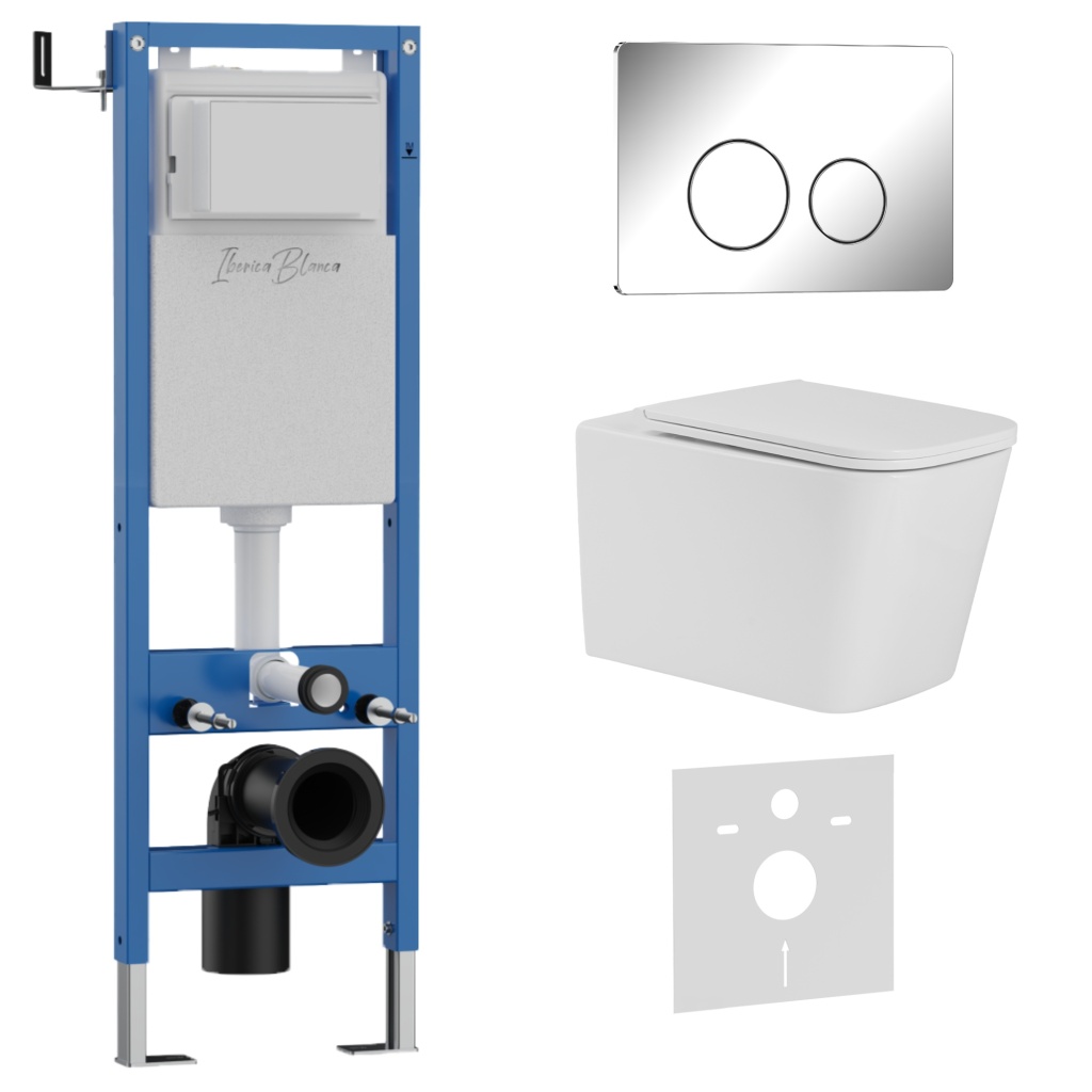 Комплект 3в1 IBERICA BLANCA инсталляция SILENCIO MINI, унитаз TOLEDO ALTO белый, кнопка смыва INOX-O хром глянцевый (IB.001M.TLA.234.8131)